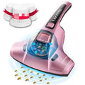 Pink handheld vacuum cleaner for mite removal on a mattress