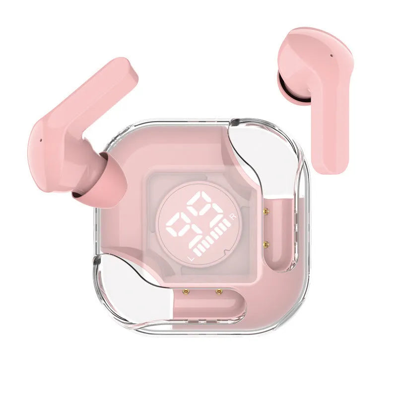 Transparent TWS wireless Bluetooth earbuds showing internal components in one of five colour options