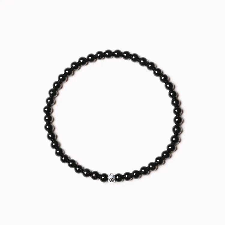 Geometric agate bracelet with mixed 4mm stones including obsidian, blue San, and black agate varieties