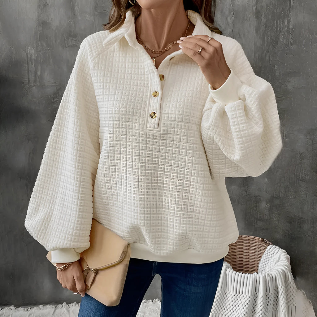 Women's beige thickened polyester sweater with a polo collar and long sleeves.