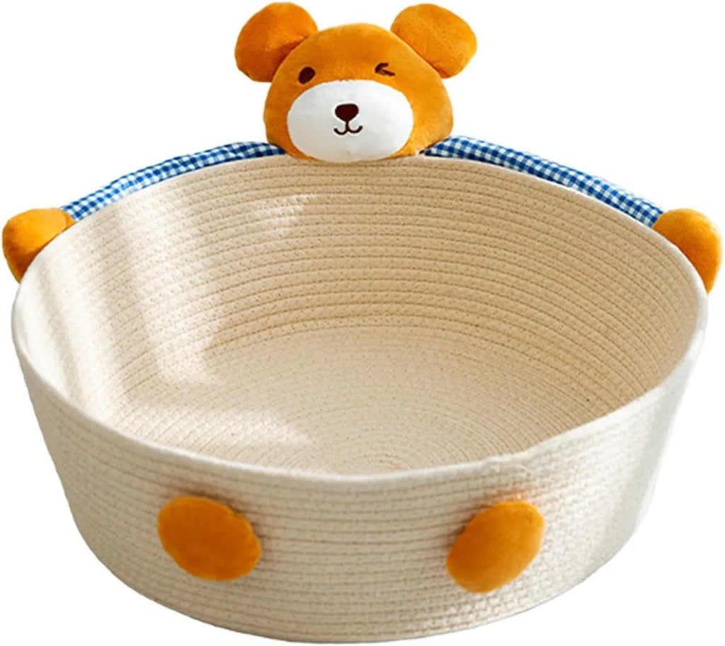Woven cotton rope cat bed basket with integrated scratching surface in bear print design