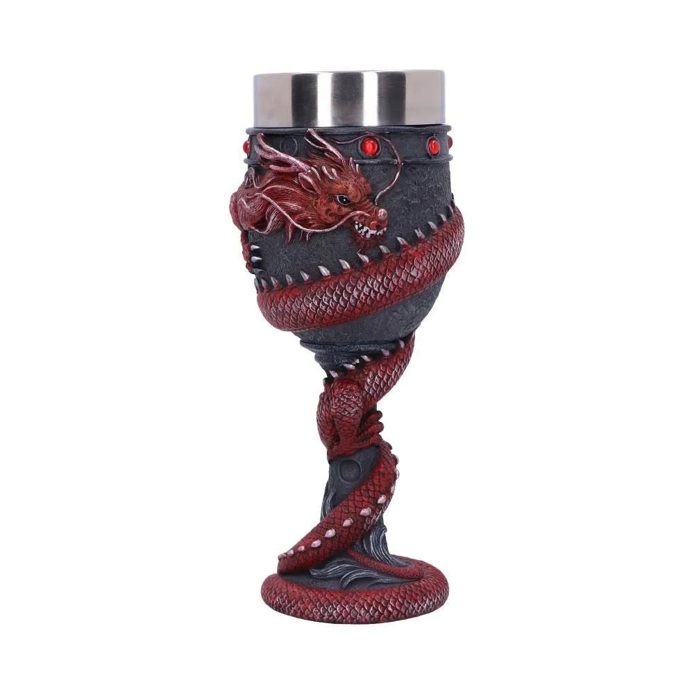 Red wine glass with Chinese dragon 3D design in stainless steel and resin, gold or red finish