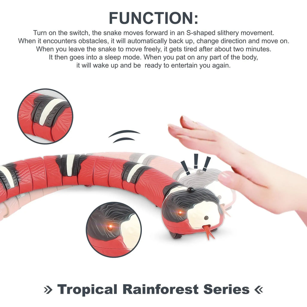 Smart sensing electronic snake cat toy with segmented plastic body and USB charging cable.