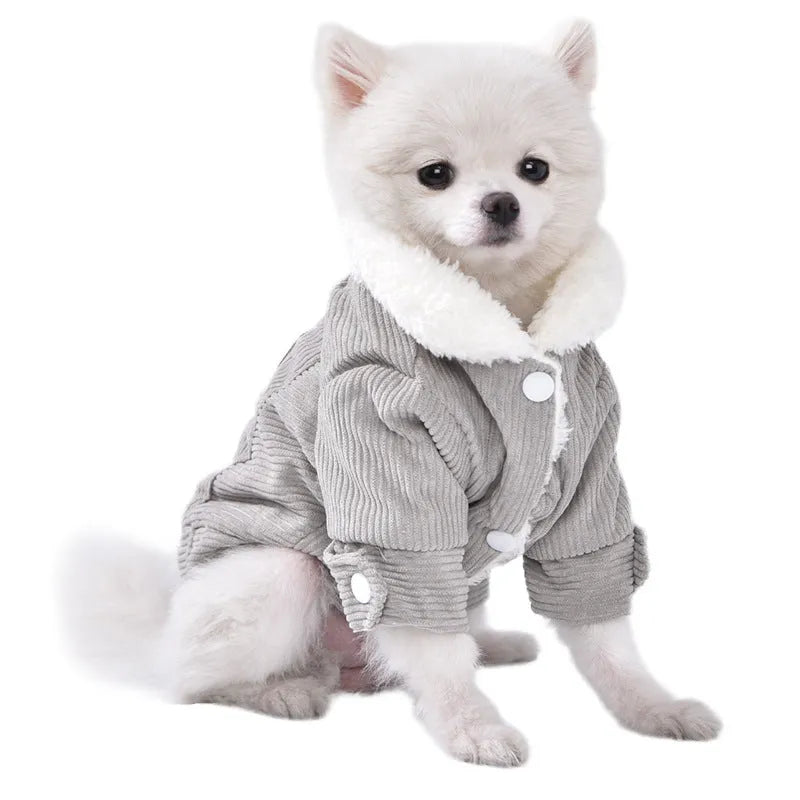 Grey lambswool fleece-lined vest for dogs or cats on a mannequin, showing wool lining and vest style.