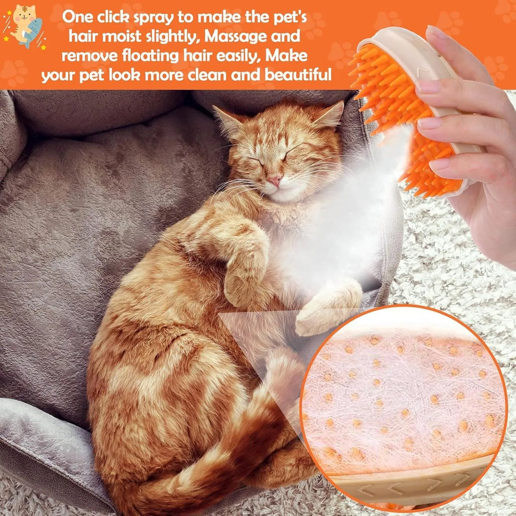 Yellow 4-in-1 cat steam brush with silicone teeth, USB charging port, water tank, and UV lamp for pet grooming.