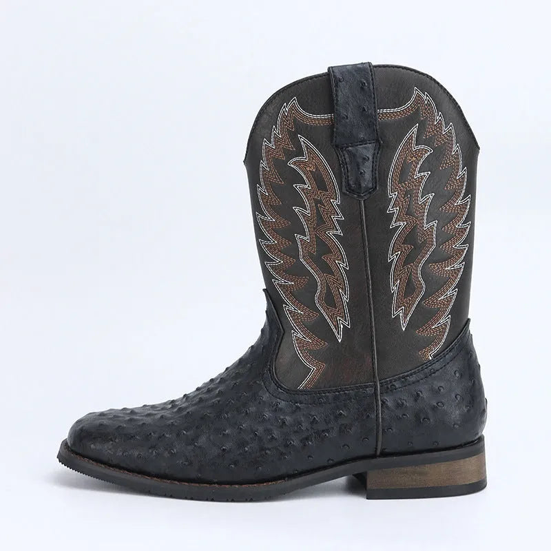 Men's western denim square toe motorcycle boots in black artificial leather with mid-calf length