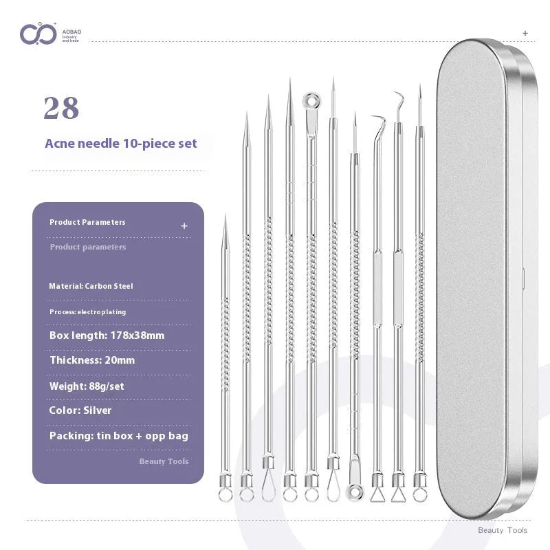 Four silver metal acne needles with pointed tips for skincare extraction.