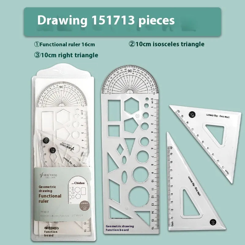 Transparent acrylic ruler set with square and protractor tools for drawing and geometry measurement