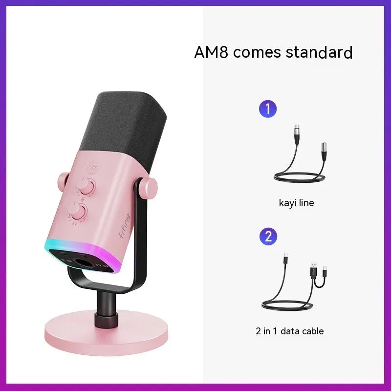 Dynamic noise reduction microphone in black, pink, or white with XLR cable and desktop base.