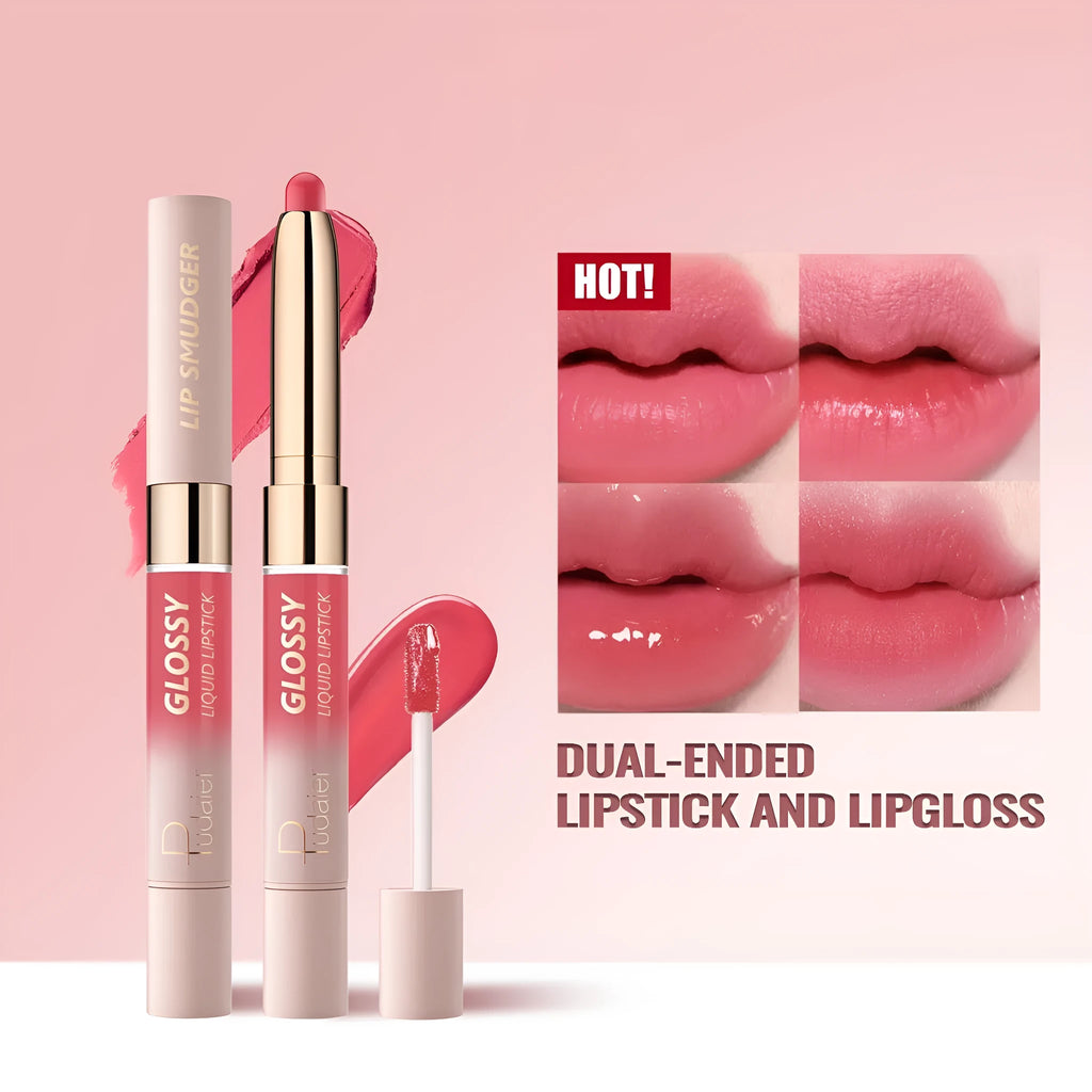 Double-headed lipstick and lip gloss cosmetic product showing matte finish with ten colour options