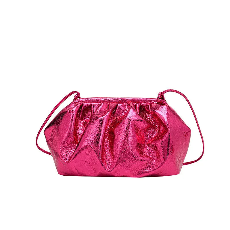 Rose Red PU leather shell-shaped crossbody bag with hair clip strap and multiple interior pockets.