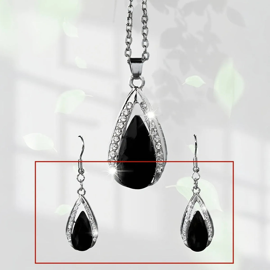 Black or red teardrop glass pendant necklace and matching earrings jewellery set
