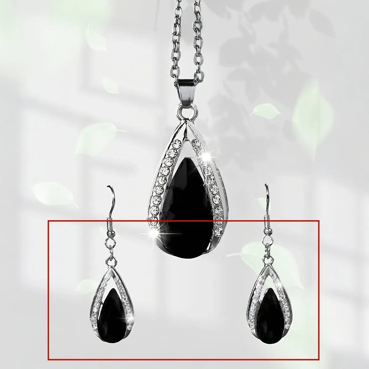 Black or red teardrop glass pendant necklace and matching earrings jewellery set