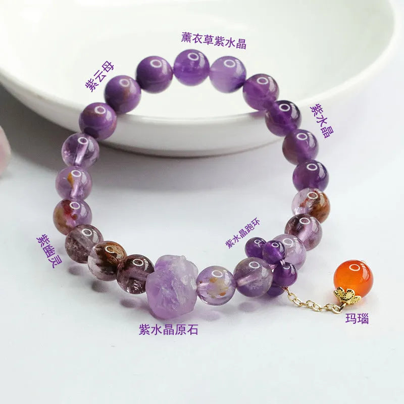 Natural nine purple amethyst crystal bracelet with red agate stones and 8mm beads