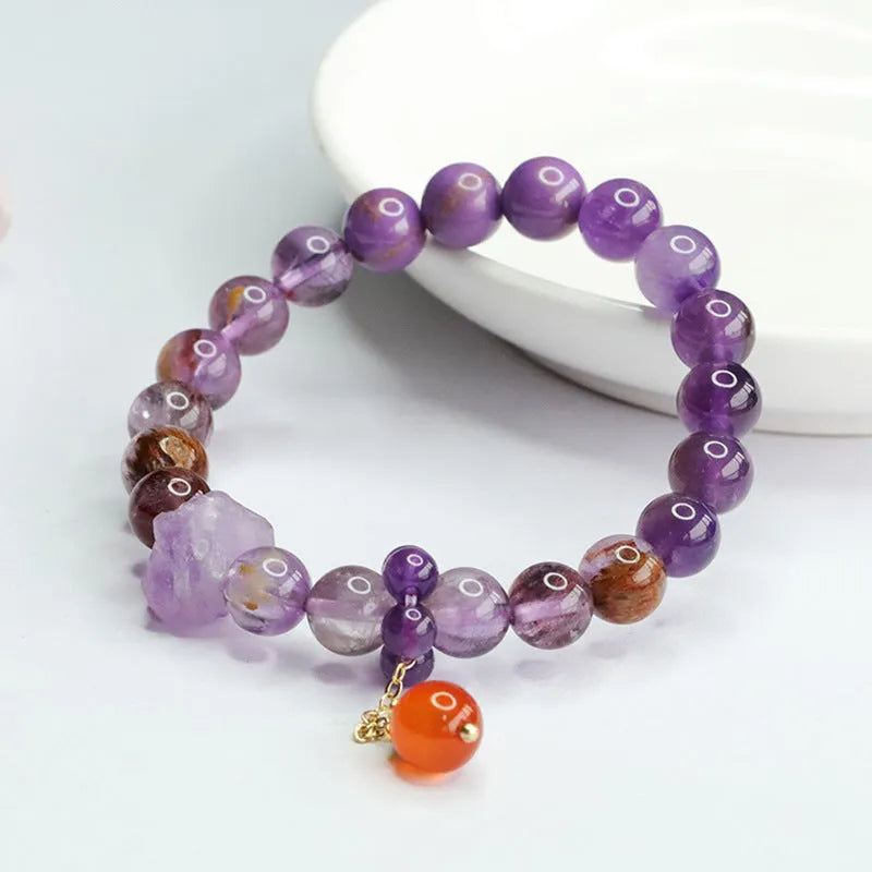 Natural nine purple amethyst crystal bracelet with red agate stones and 8mm beads