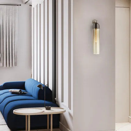 Nordic postmodern minimalist glass wall lamp in choice of five light colours on a plain wall