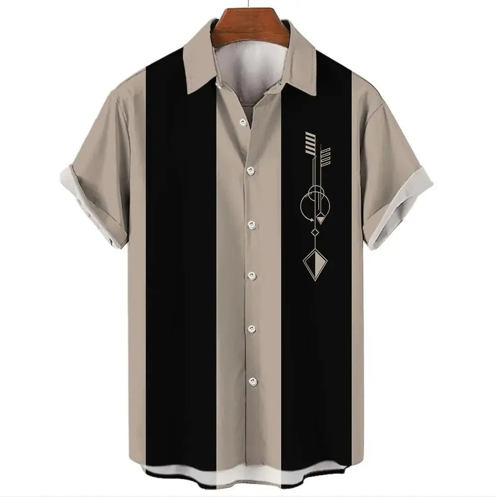 Man wearing a striped short-sleeve Hawaiian shirt made from elastic polyester fabric.