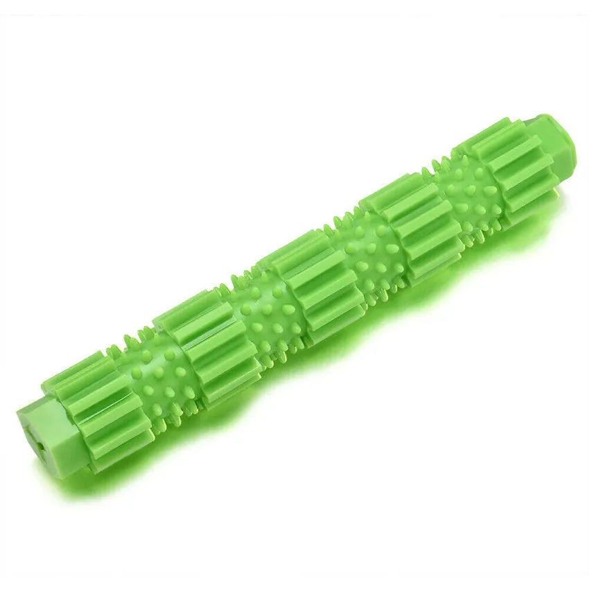 Green rubber dog chew toy with treat dispensing holes for aggressive chewers