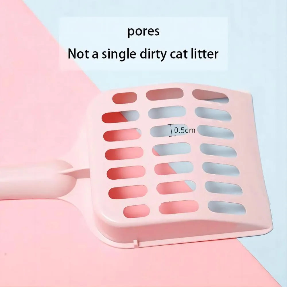 Plastic cat litter scoop in blue, green, or pink colours showing dimensions of 20cm length