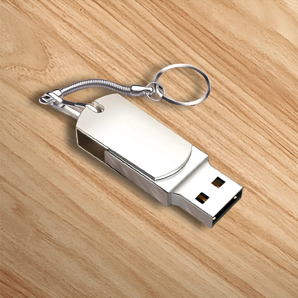 White metal rotary USB flash drive with compact dimensions showing extended USB connector