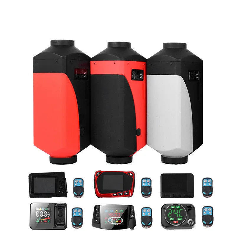 Red and black 12V 24V diesel auxiliary heater kit with fuel tank and components for vehicle installation.