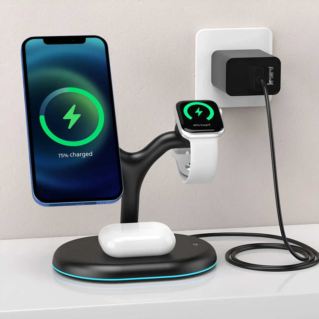 Black three-in-one magnetic wireless charger with ABS plastic housing showing charging surface