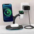 Black three-in-one magnetic wireless charger with ABS plastic housing showing charging surface