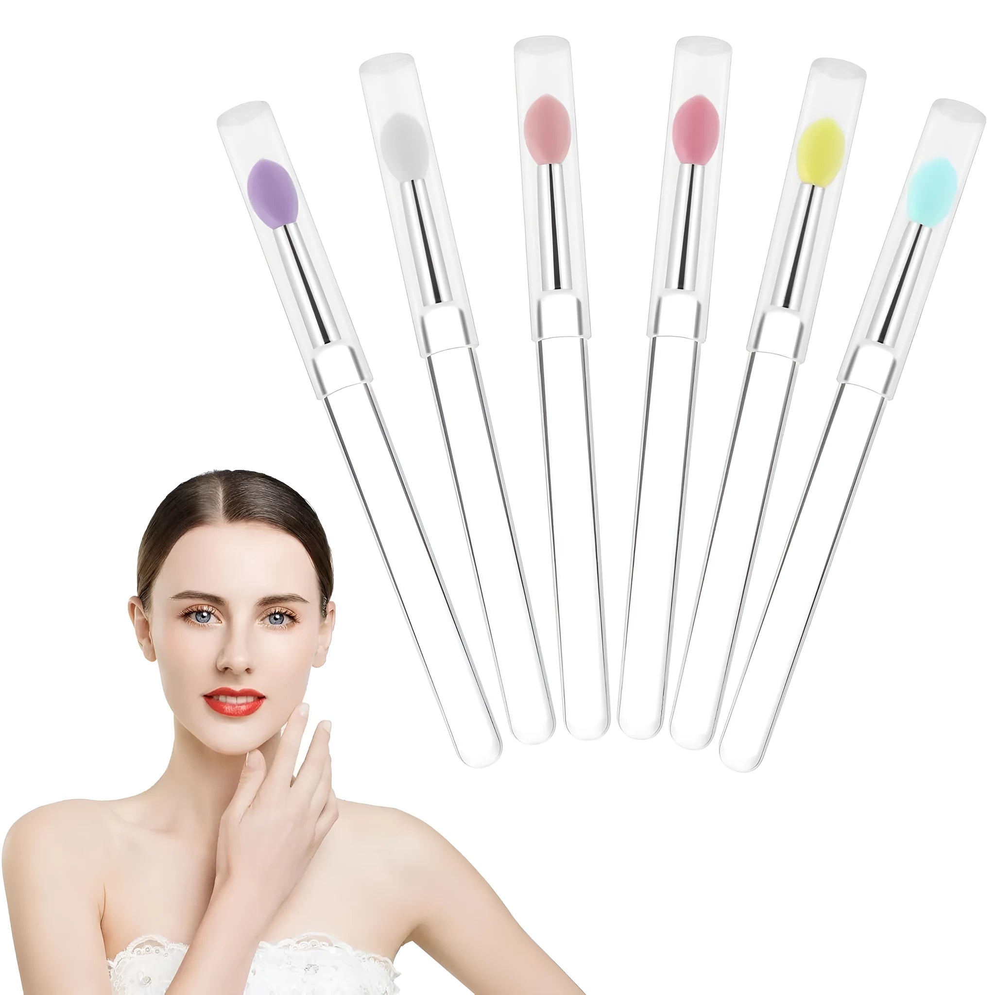 Set of coloured silicone lip brushes with protective caps for applying lipstick and lip gloss.