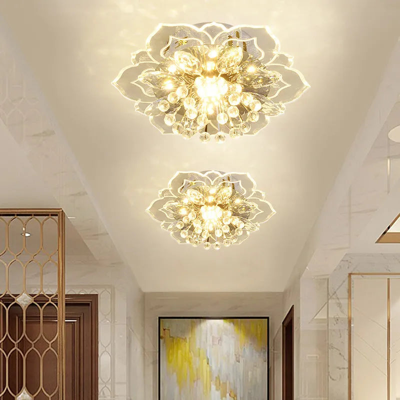 Modern minimalist crystal ceiling lamp with flower shaped shade in stainless steel and acrylic for living room