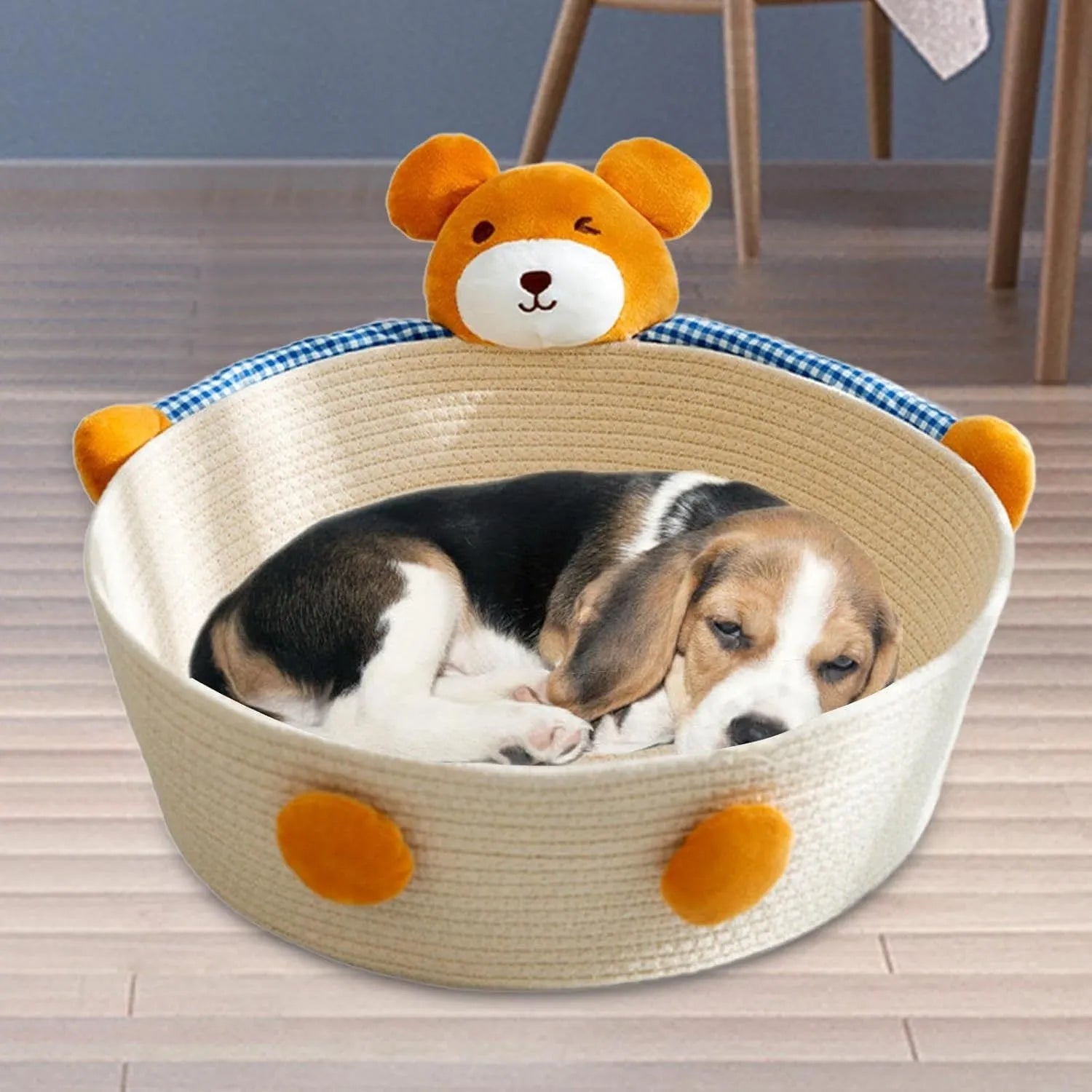 Woven cotton rope cat bed basket with integrated scratching surface in bear print design