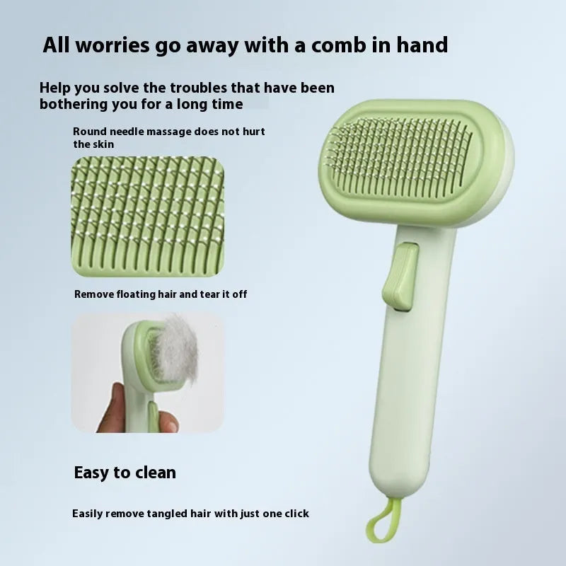 Large pet hair removal comb with stainless steel blades and ABS handle in light green