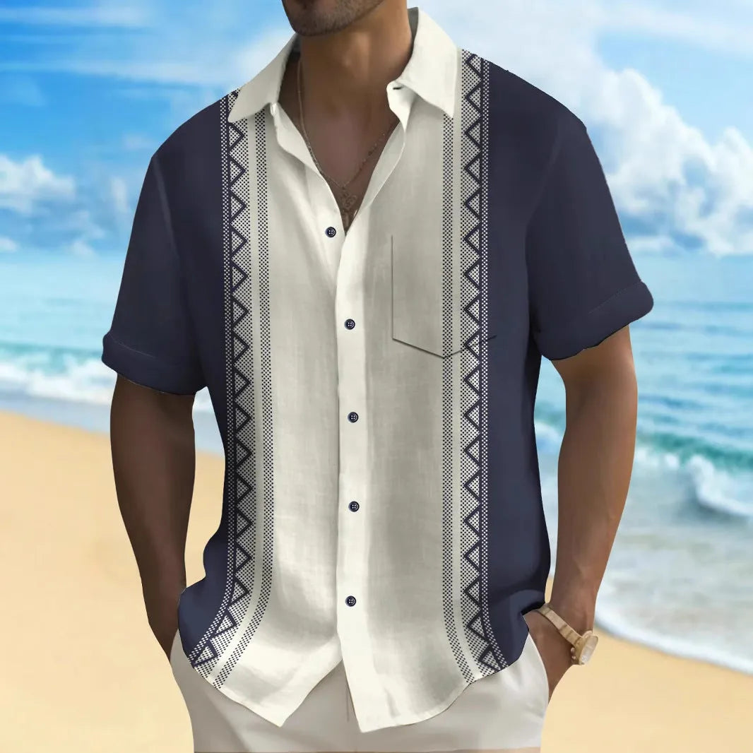 Multicolour printed men's loose fit cardigan-style leisure shirt on hanger