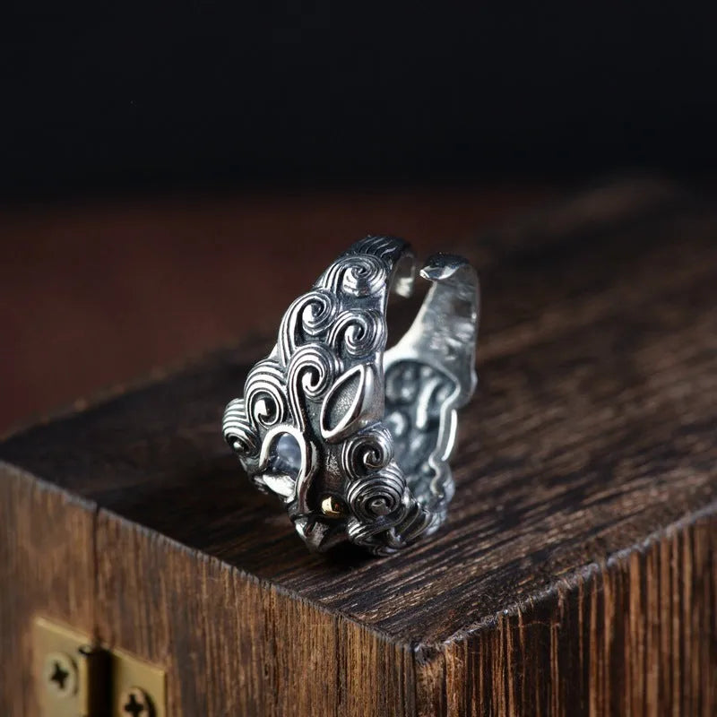 Silver open ring with Jibeast animal pattern and Zodiac design elements