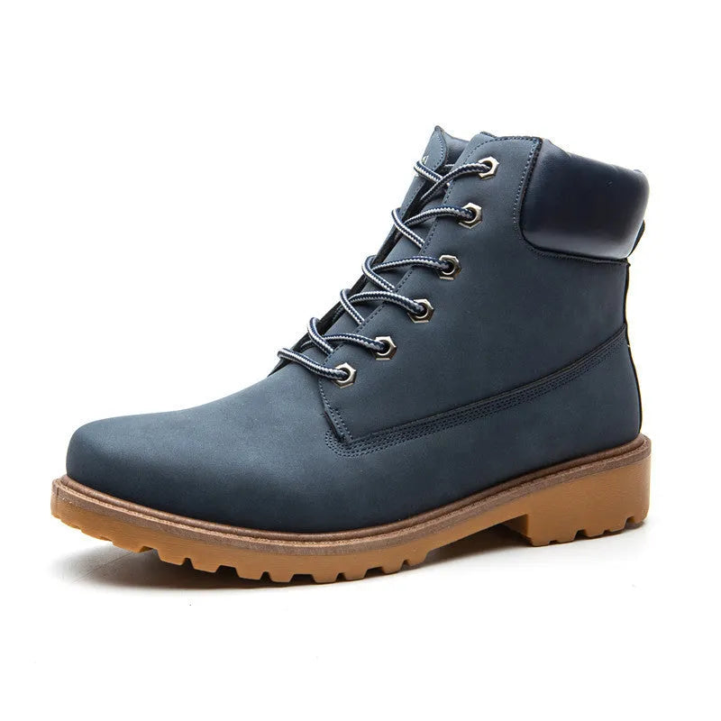 Pink men's high-top Martin boots with velvet lining and flat 1-3cm heel on round toe