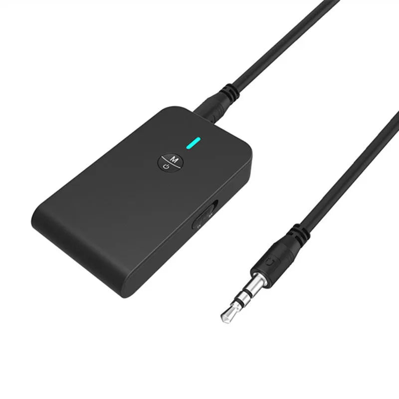 Black USB Bluetooth audio adapter with 3.5mm AUX plug for wireless streaming.