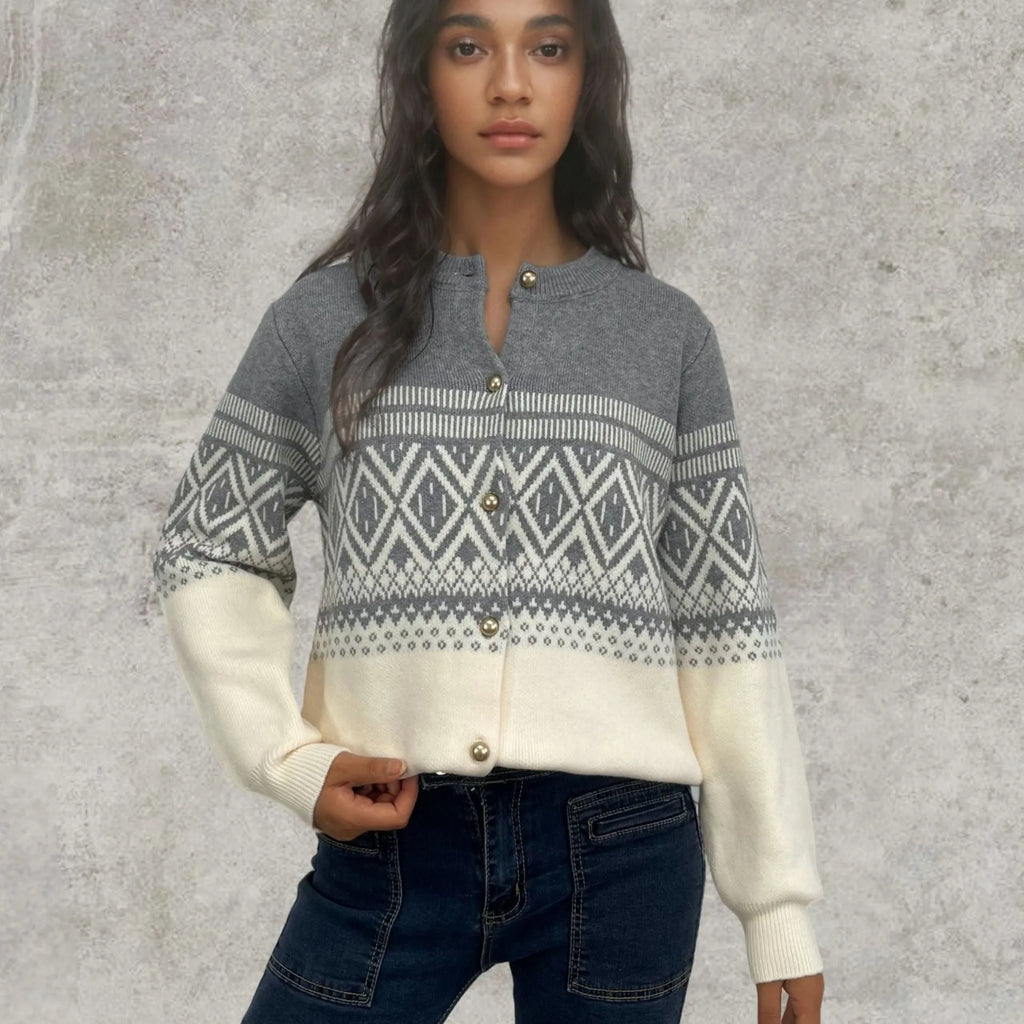 Women's grey alpaca wool cardigan with diamond knit pattern and contrast colour panels