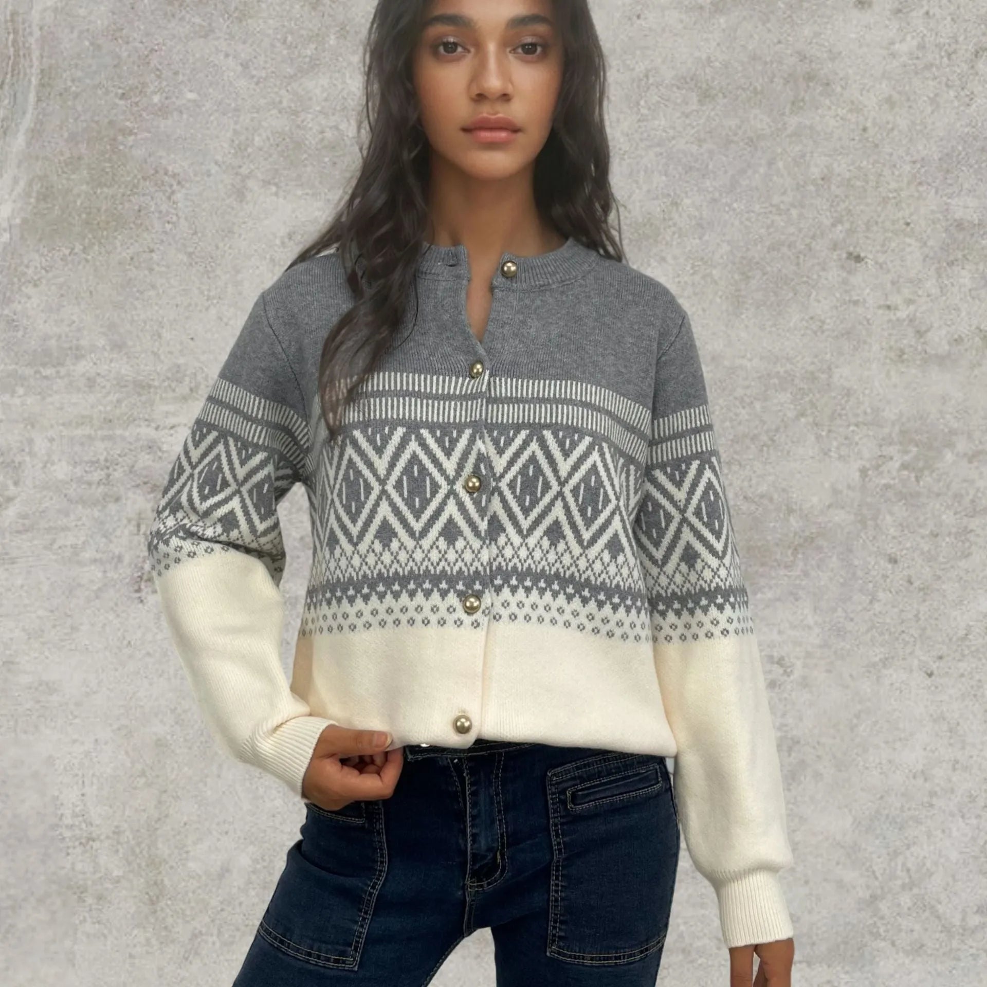 Women's grey alpaca wool cardigan with diamond knit pattern and contrast colour panels