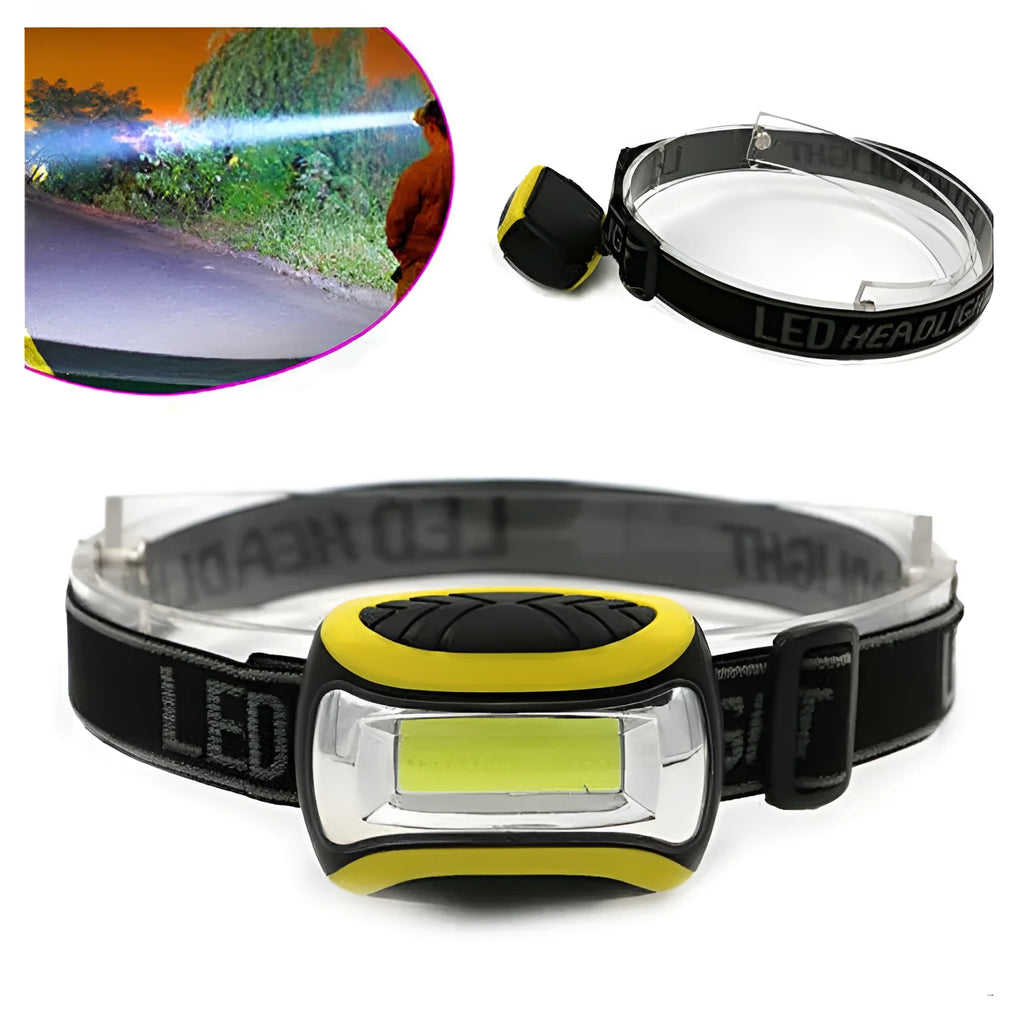 Yellow plastic three-speed LED headlamp for outdoor activities.