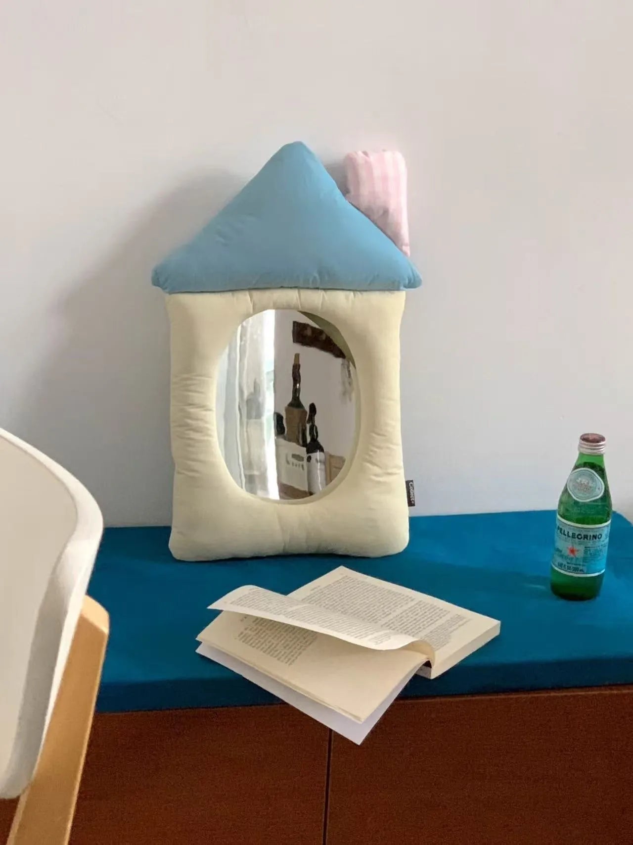 Round wall mirror with cotton-filled fabric pillow frame, Korean-style home decor in apple green colour