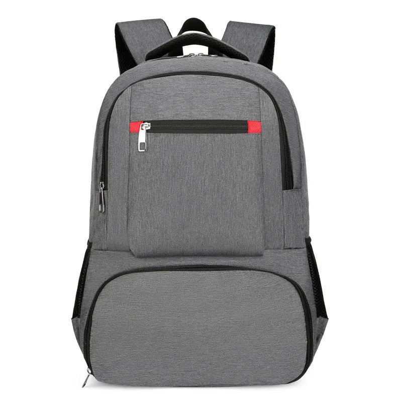 Oxford cloth insulated backpack with curved shoulder straps showing dry-wet separation compartments and pull rod belt accessory