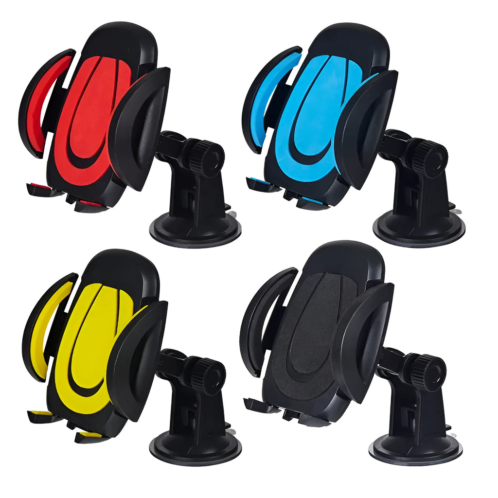 Red U-shaped suction cup car phone holder with automatic locking clamp arms on a dashboard.