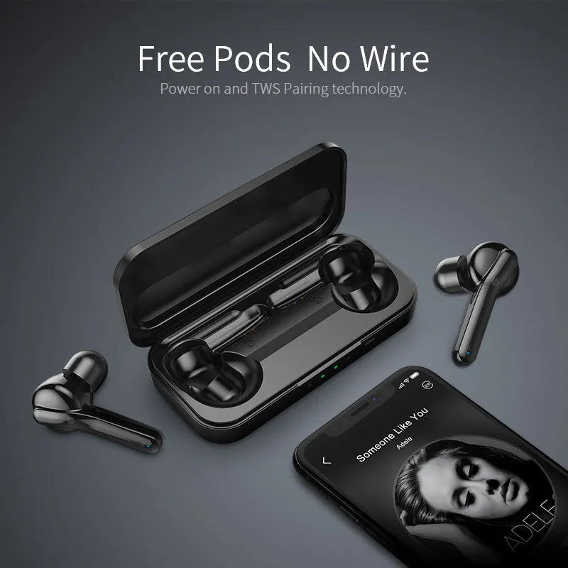 Black and white true wireless Bluetooth earbuds with IPX5 waterproof rating shown side by side.