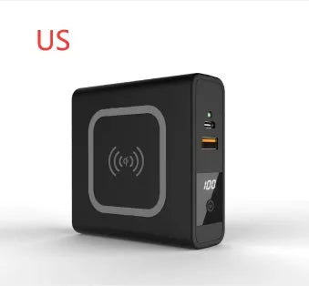 Black or white 10000mAh power bank with wireless charging and four international plug adapters