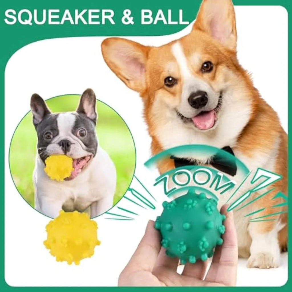 Bright blue, green, pink and yellow spiky dog balls with paw print dimples for small breed chewing and fetch.