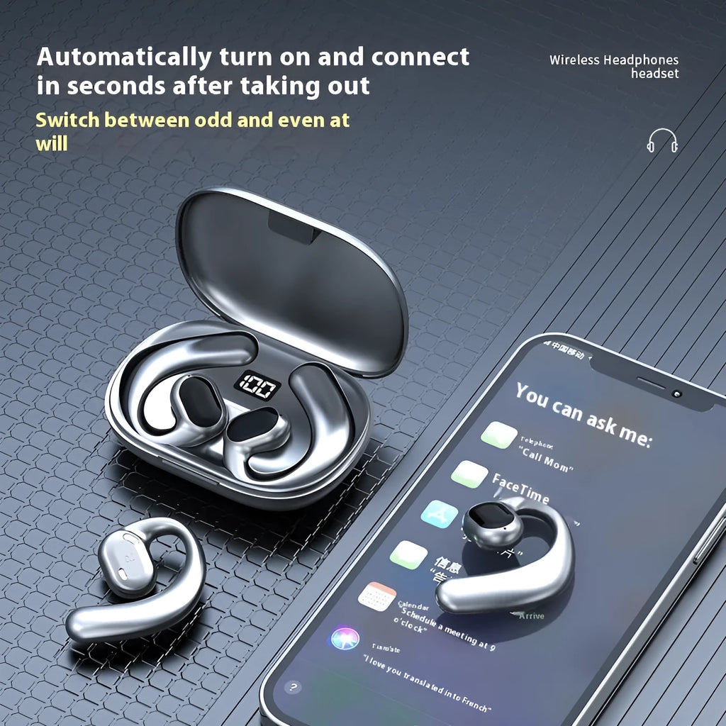 Black and white ear-mounted Bluetooth headset with digital display screen on the side