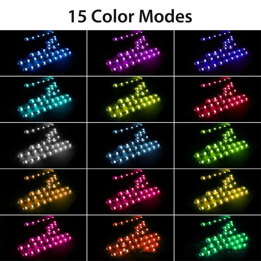 Black silicone RGB LED light bar for cars and motorcycles with wireless remote control receiver.