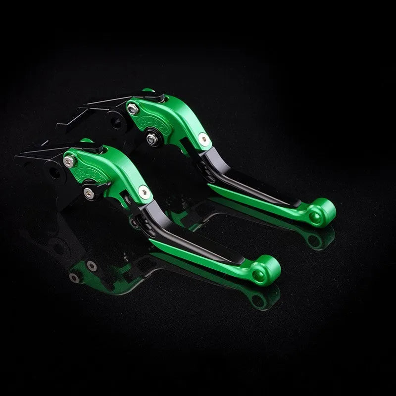 Pair of anodised metal motorcycle horn handle clutch levers with six-speed adjustable length, shown in a selection of colour finishes