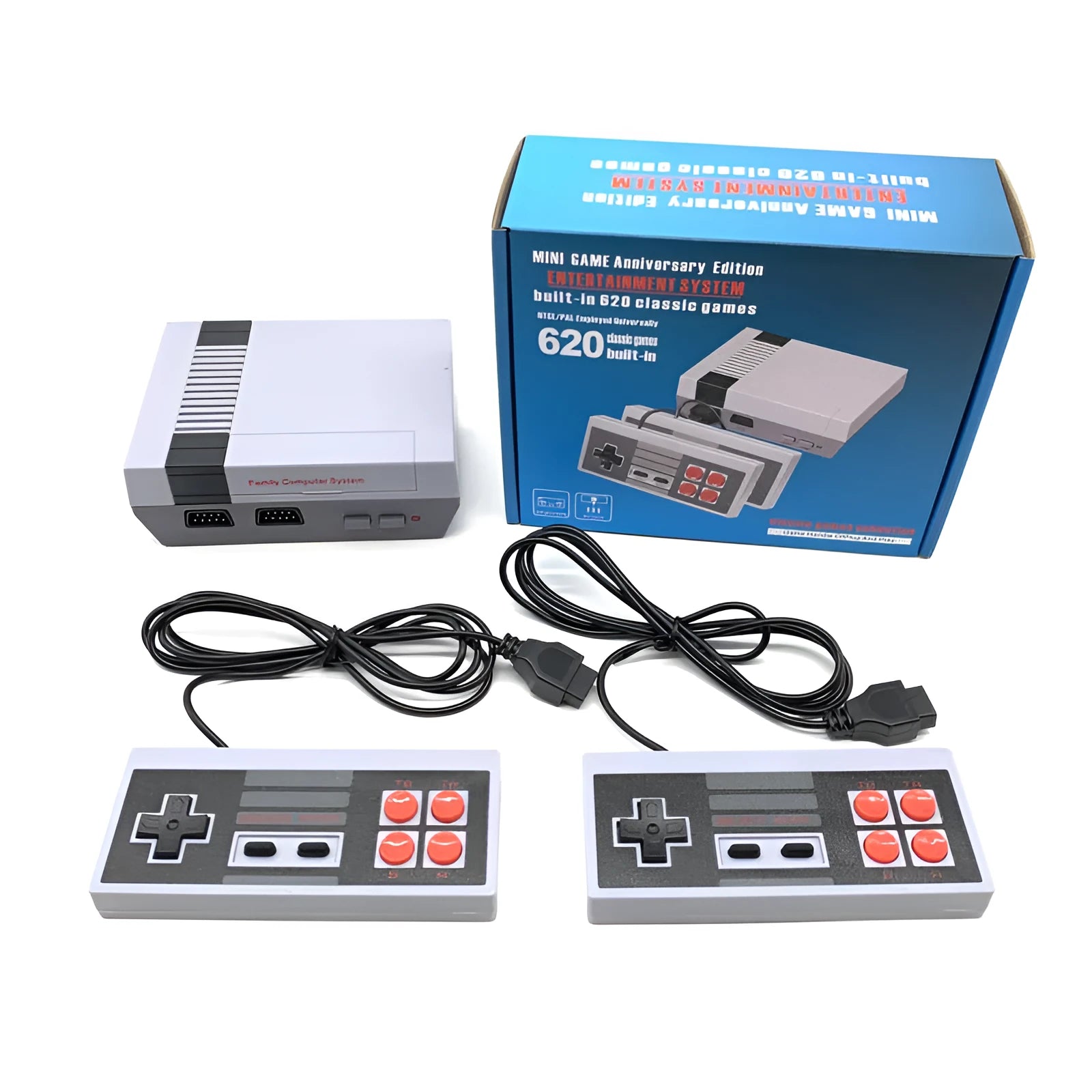 Red and grey NES retro mini game console with two rectangular controllers on a table.