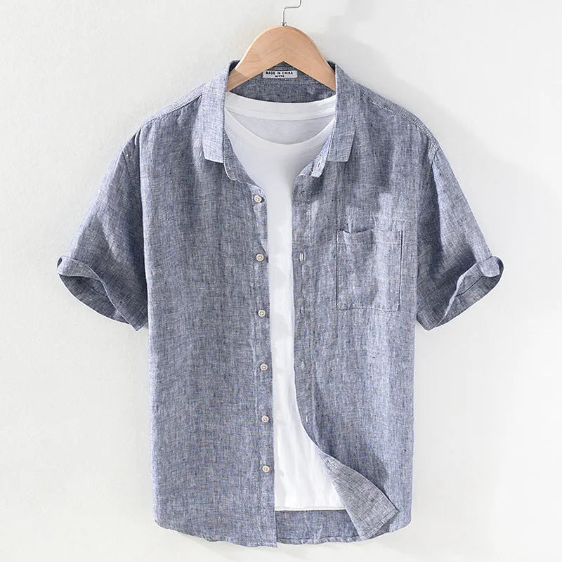 Men's linen short sleeve casual shirt with square collar in raw jute colour