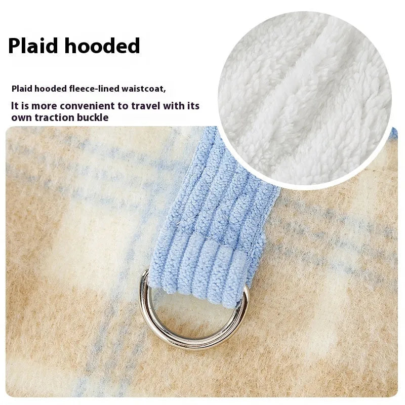 Blue corduroy dog hoodie with chessboard grid print and a traction hood.